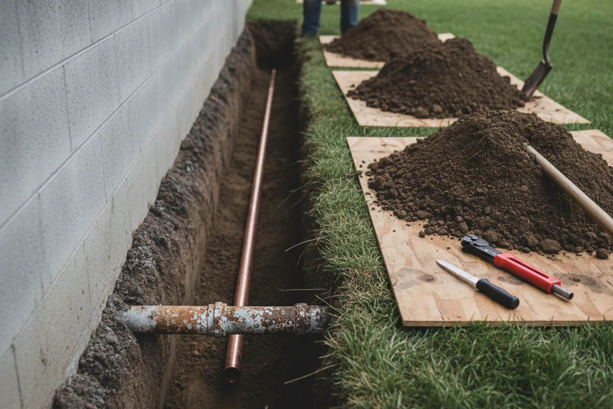 Excavated water line trench during Water Softener Installation in Staley